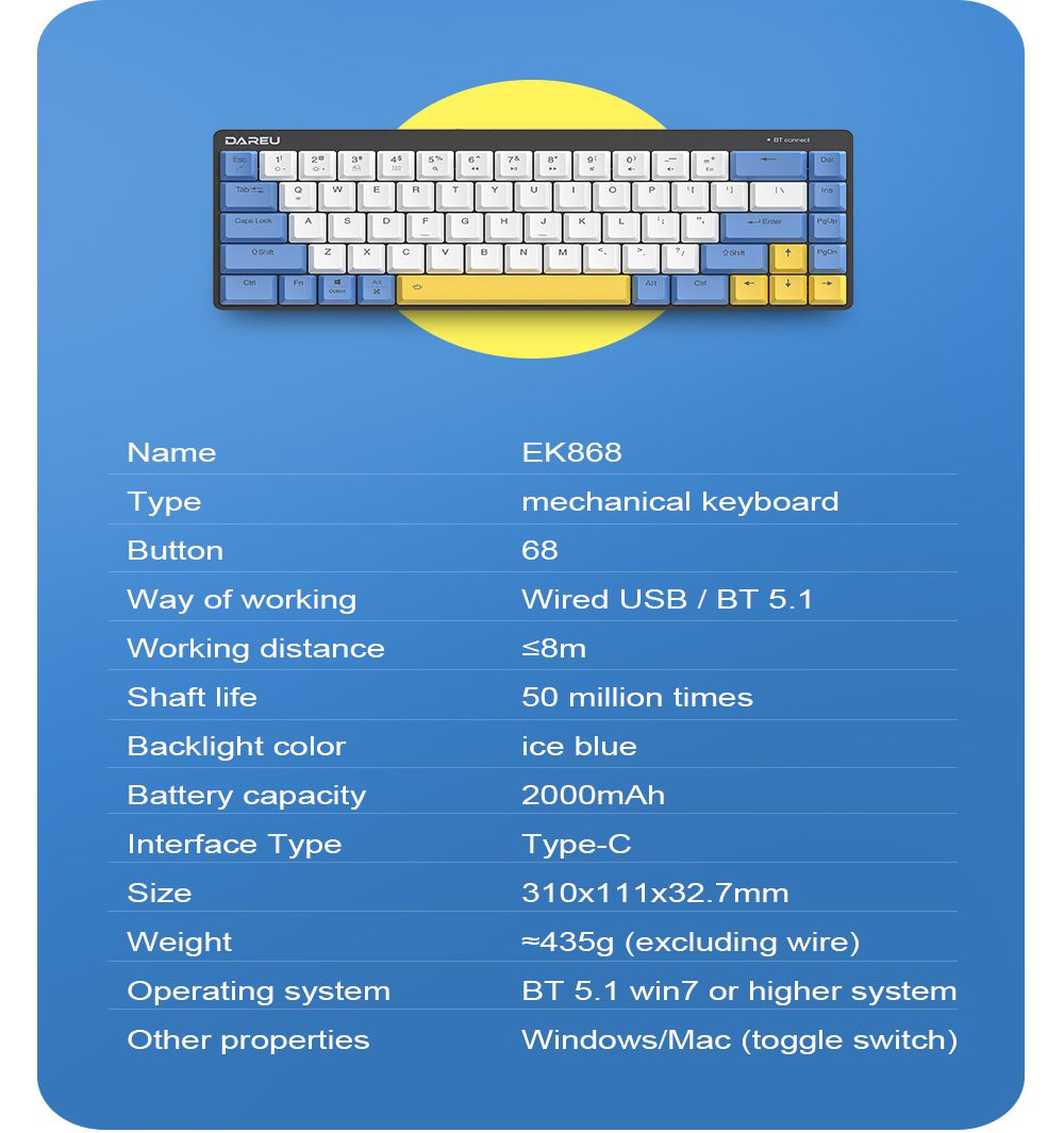 DAREU 68 Keys Mechanical Keyboard Mini Portable 60% Dual-mode KB Wired Bluetooth 5.1 Ergonomic Low Profile Keyboards for Office