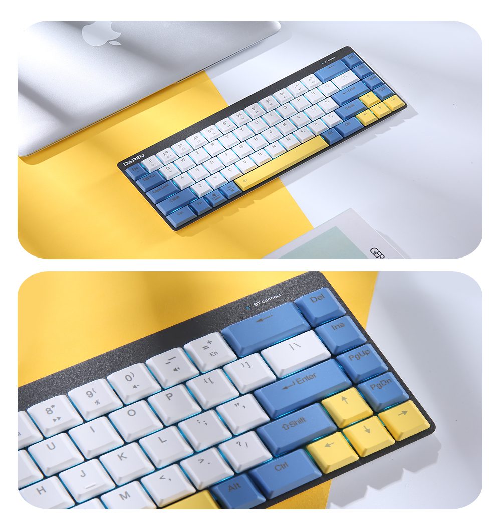 DAREU 68 Keys Mechanical Keyboard Mini Portable 60% Dual-mode KB Wired Bluetooth 5.1 Ergonomic Low Profile Keyboards for Office