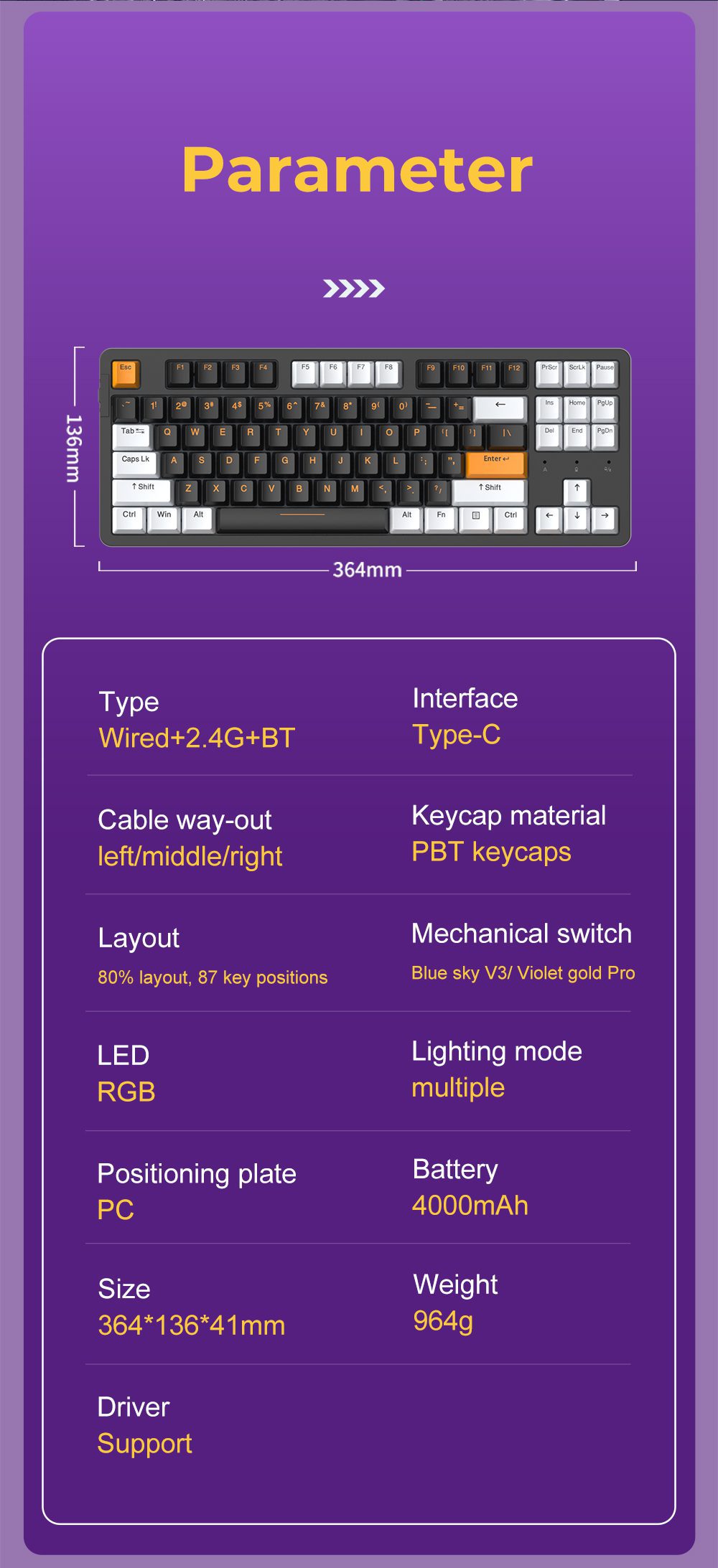 DAREU Gasket Mechanical Keyboard Tri-mode Connect N-Key Rollover Hotswap 87 Keys Wireless Keyboard PBT Keycaps for Gaming