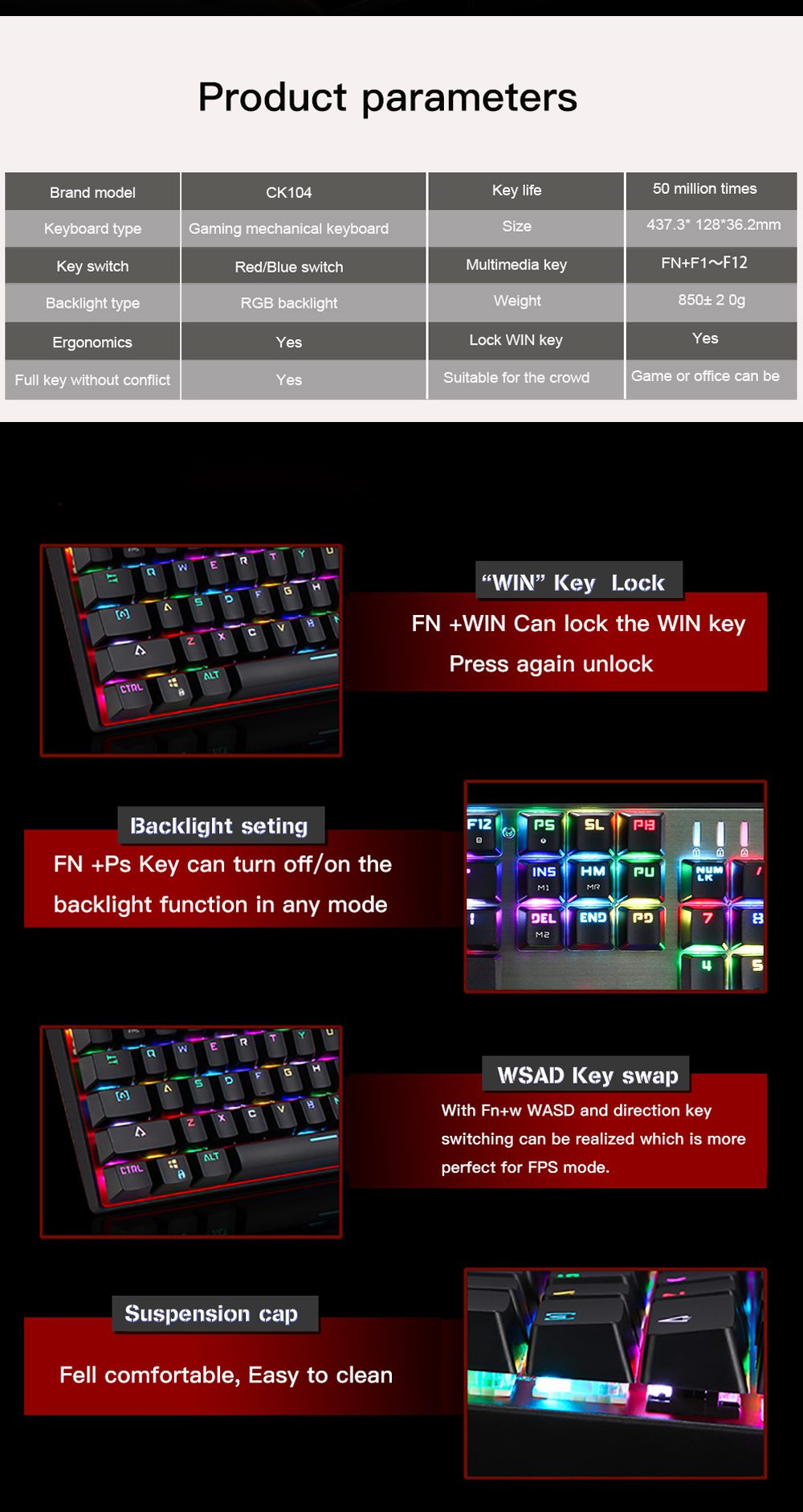 Motospeed CK104 Gaming Mechanical Keyboard 104 Key Wired Russian English Red Blue Switch Keypad Driver Programming RGB Backlit
