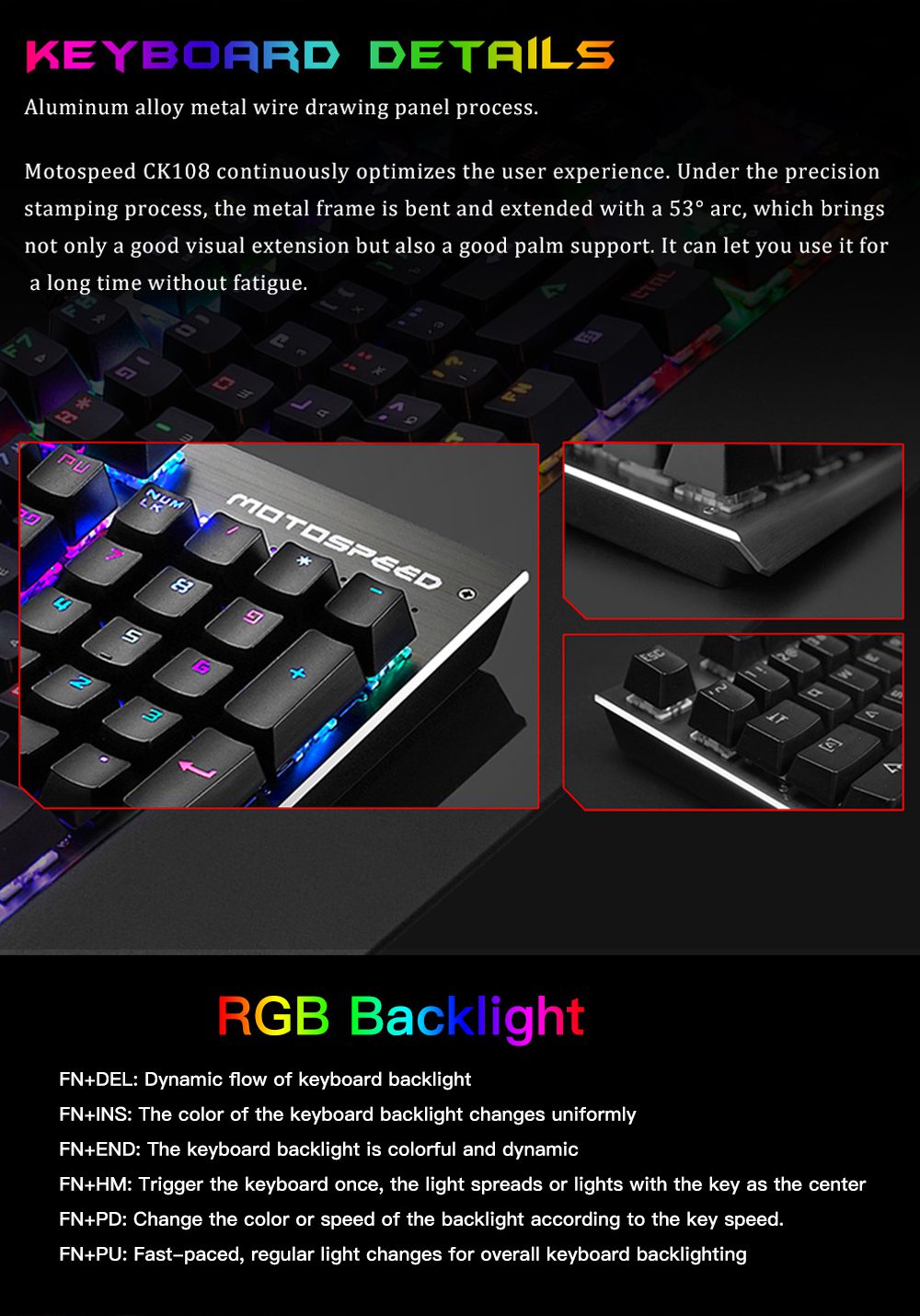 Motospeed CK108 Gaming Office Mechanical Keyboard Wired 104 Keys RGB Backlit Drive Programming Russian English Black Blue Switch