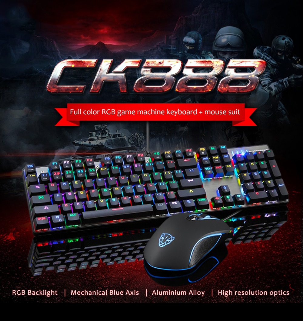 Motospeed CK888 Gamering Office Mechanical Keyboard 104 Key USB Wired Keypad Mouse Set Blue Switch RGB Backlight For PC Laptop