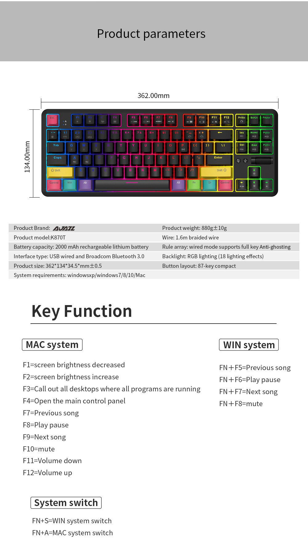 AJAZZ Wireless Gaming Keyboard Hot Swappable RGB Backlit Anti-ghosting Bluetooth Mechanical Keyboard K870T/ K620T/AK35I for PC