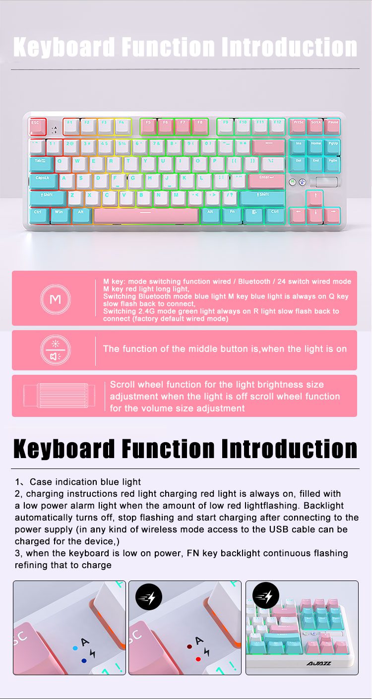 AJAZZ New K870T PRO 87 Keys 3 Mode Bluetooth Gaming Mechanical Keyboard RGB Backlit Wireless Keyboards Hot Swappable Ergonomic