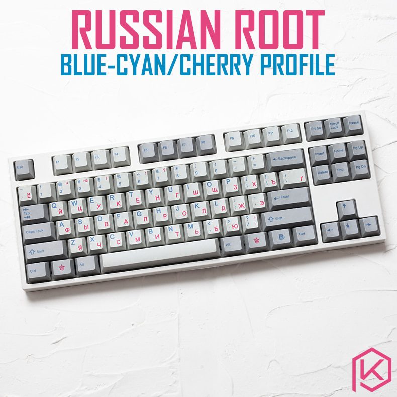 kprepublic 139 Russian root Russia font language blue cyan Cherry profile Dye Sub Keycap PBT for gh60 xd60 xd84 tada68 87 104