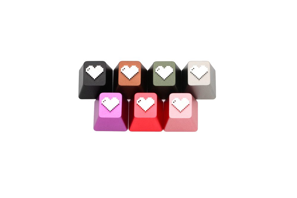 Pixel Heart anodized aluminum keycaps with anodizing  for custom mechanical keyboards cherry profile grey black red green silver