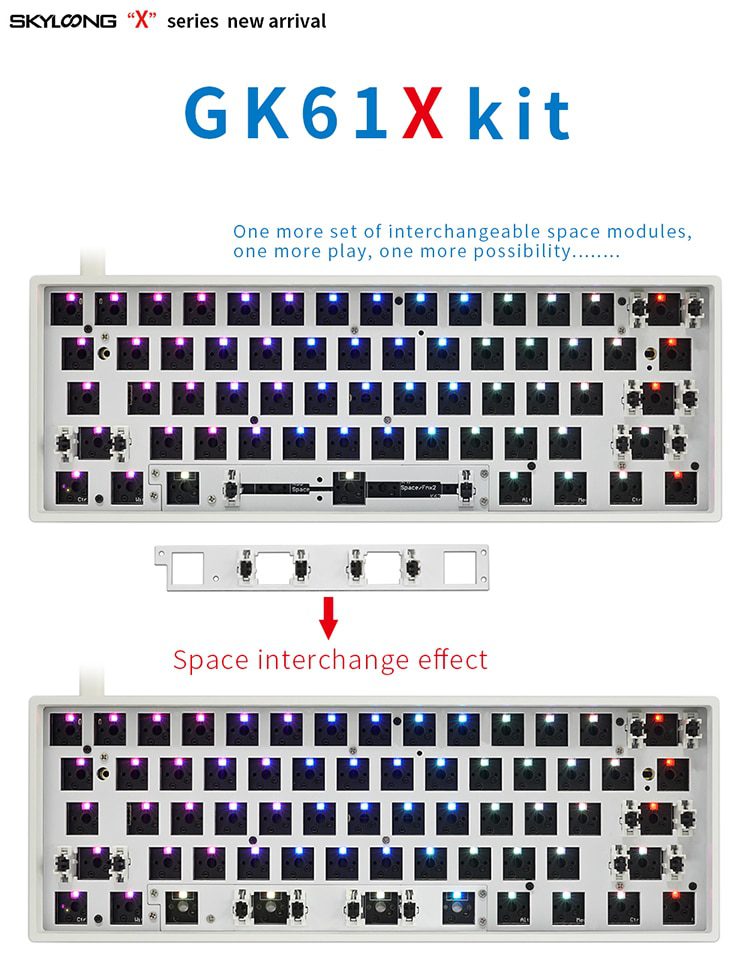 gk61x gk61 60% mechanical keyboard rgb switch led hot swapping socket type c pcb case with split spacebar software program